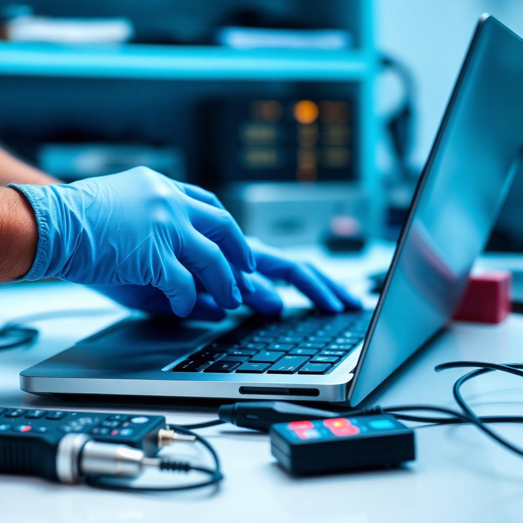 Technician testing a laptop at a Tech Wholesale workbench