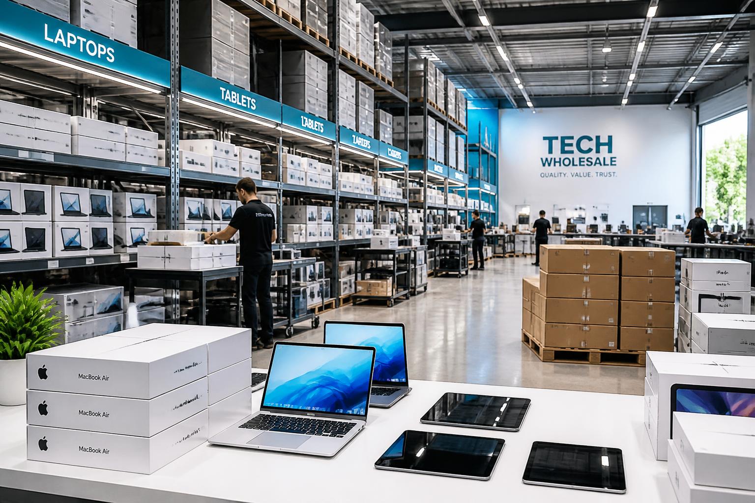 Tech Wholesale warehouse with stocked shelving and testing benches